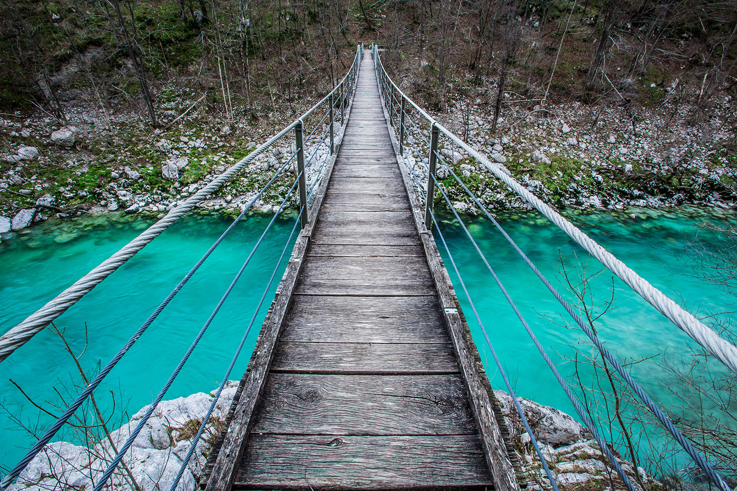 Soča, Slovenia Bridge over the emeral Soča river of Slovenia