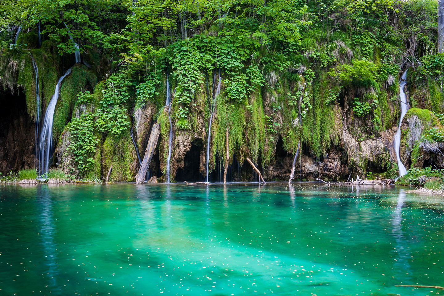 Plitvice Lakes National Park, Croatia Multiple waterfalls in a green lake at Plitvice Lakes National Park, Croatia