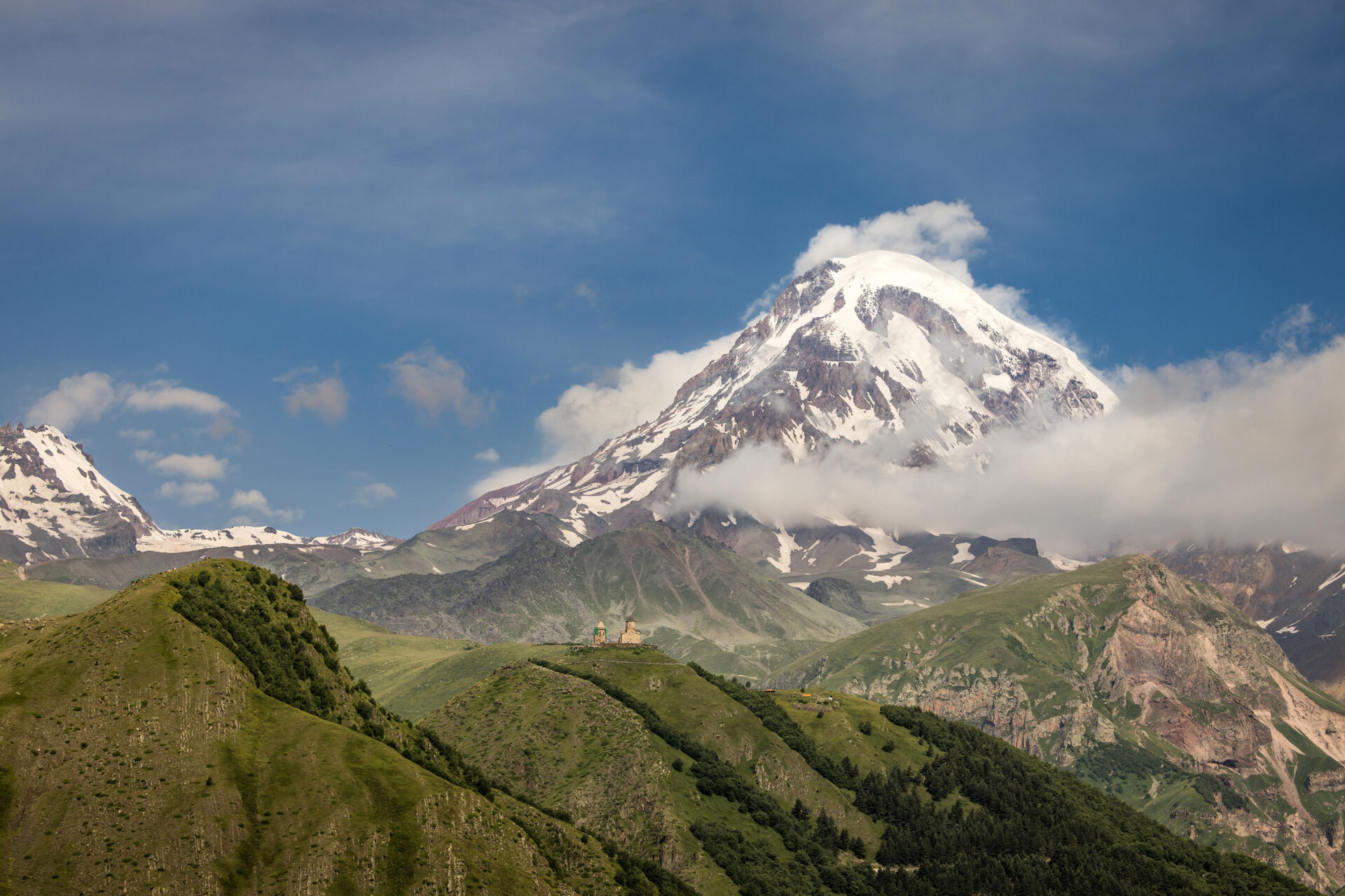 Trinity church with Mount Kazbek, Georgia
