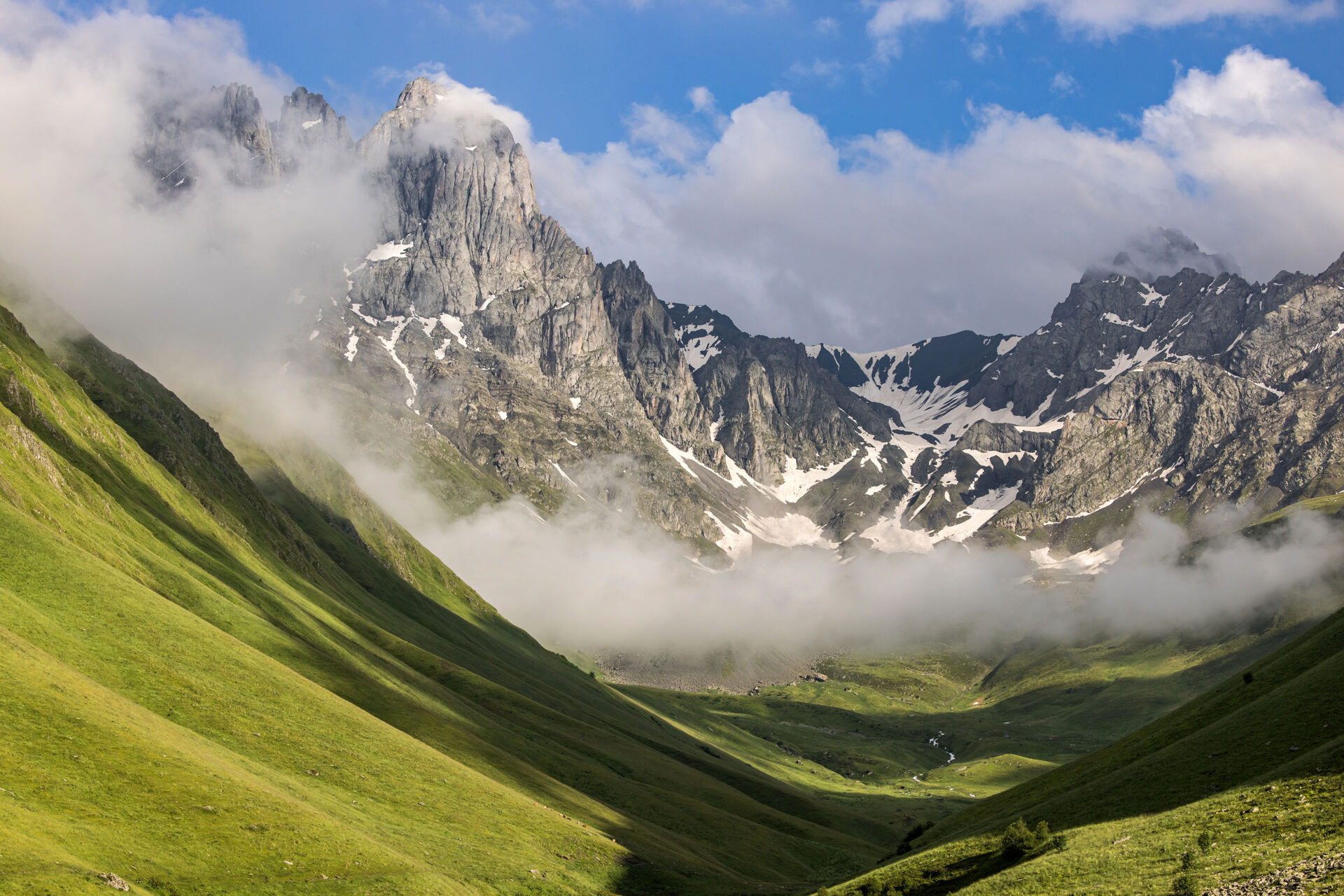 Chaukhi mountains in the Jut'a valley in Georgia