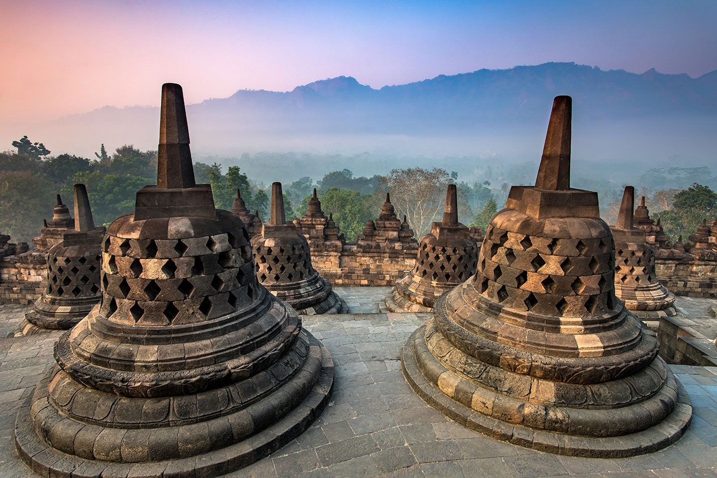 Sunrise over the Borobudur temple in Java, Indonesia