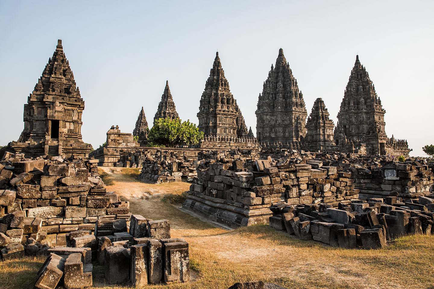 Sunset over the Prambanan temple in Yogyakarta, Indonesia