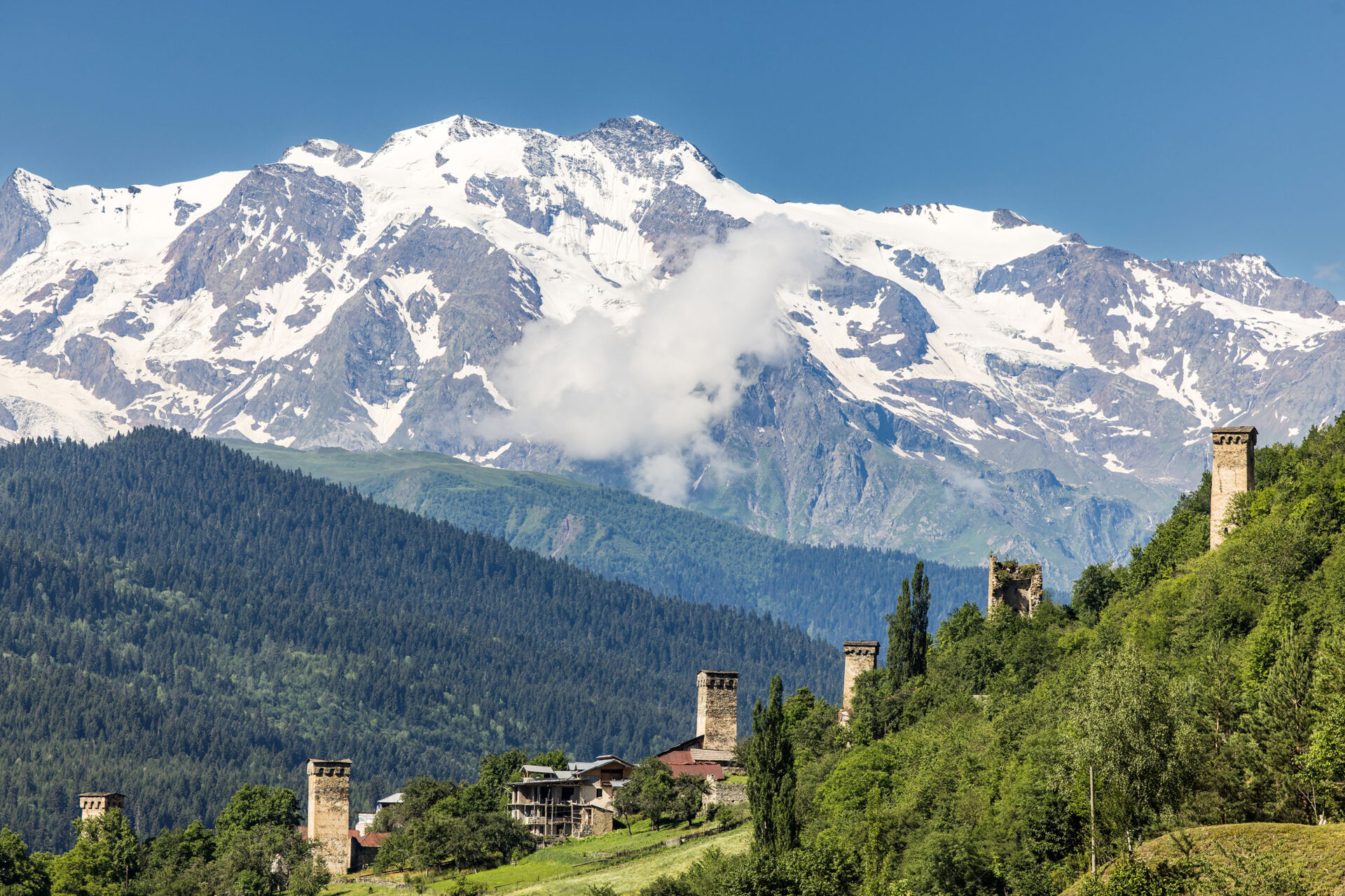 View over the Svan towers of Mestia in the Svaneti region of Georgia