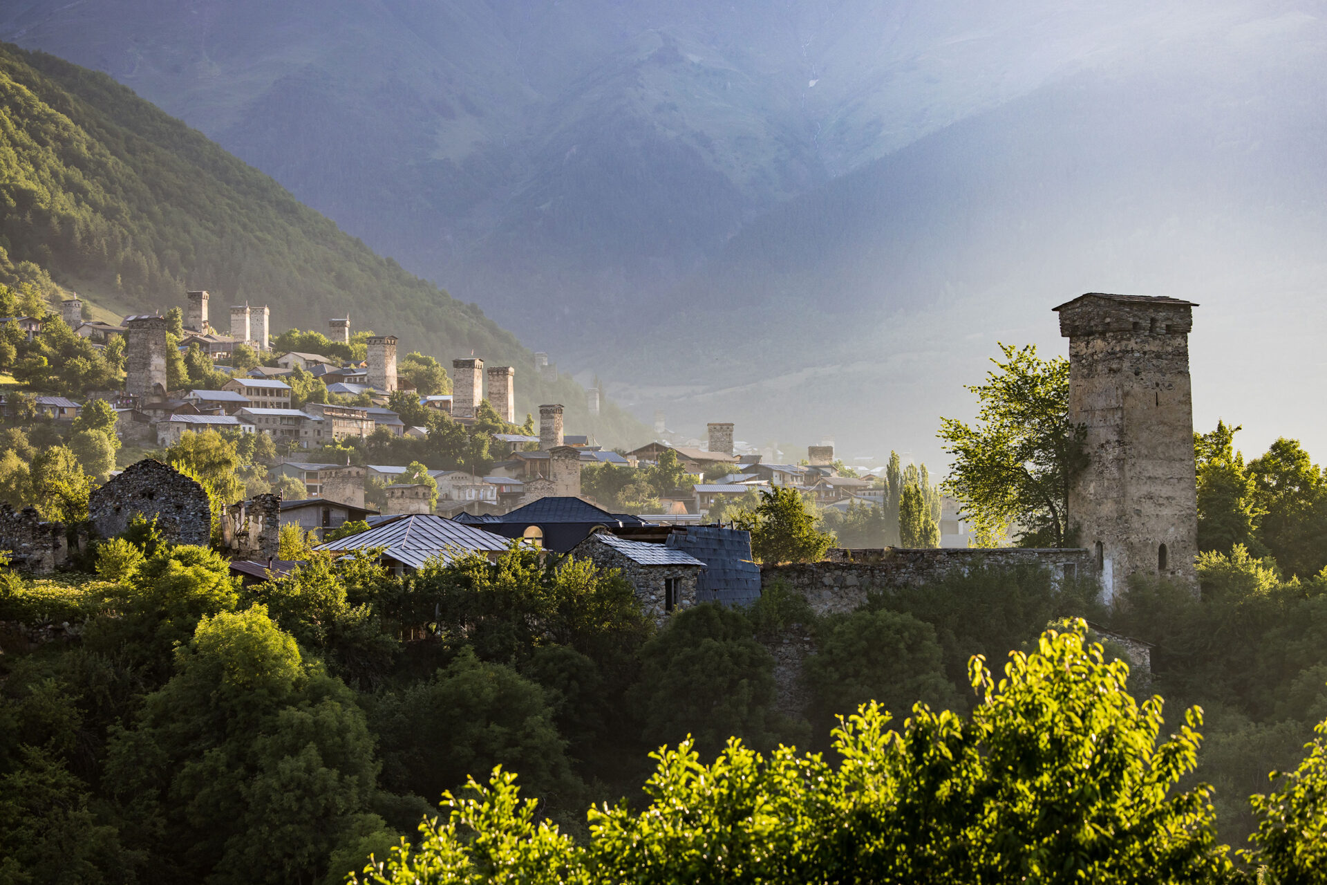 Sunrise over the Svan towers of Mestia, Georgia
