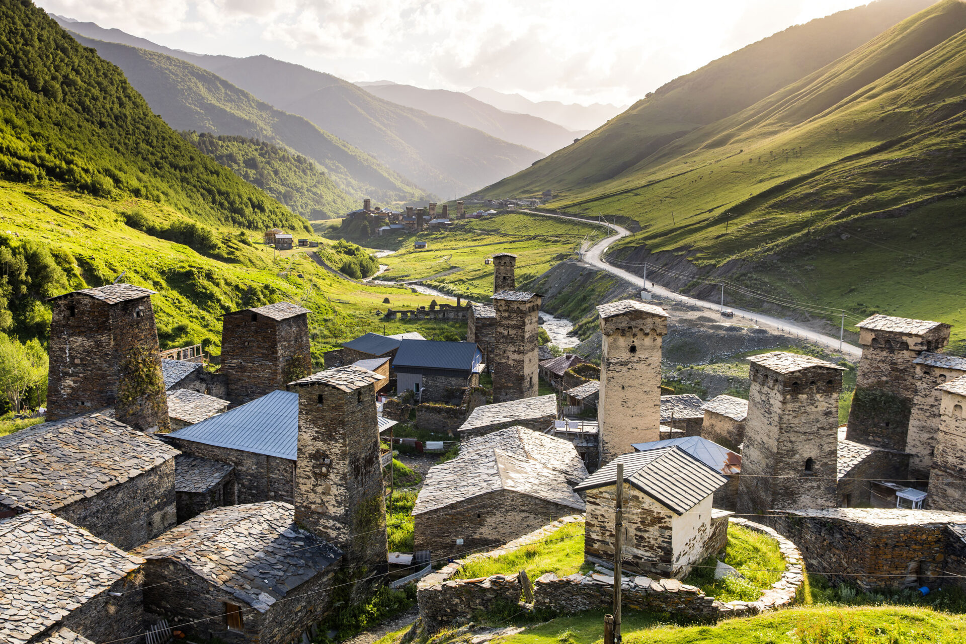 Sunset view over the town of Chazhashi, Usghguli, Georgia