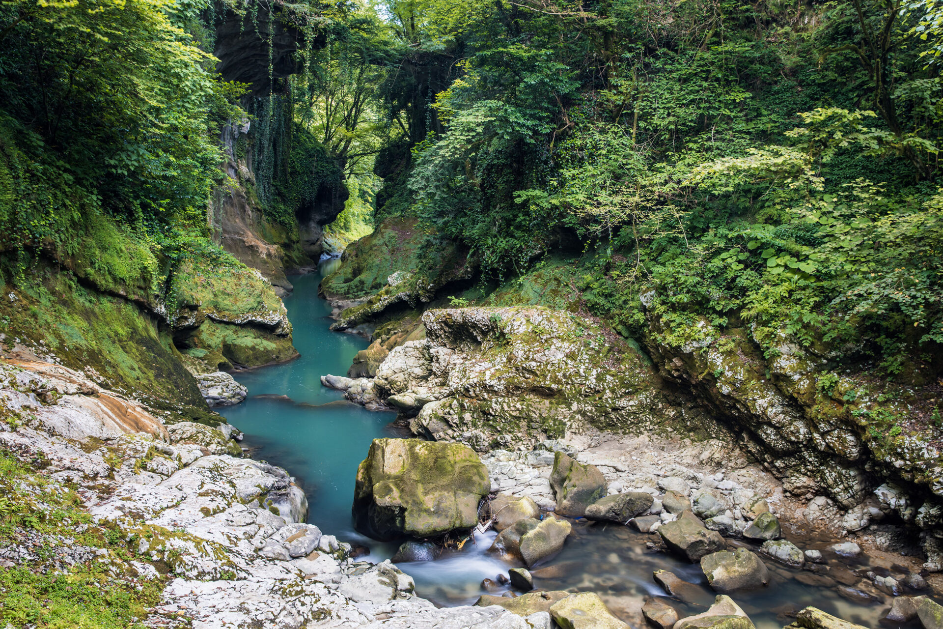 Emerald river flowing through the Martvili canyon, Georgia