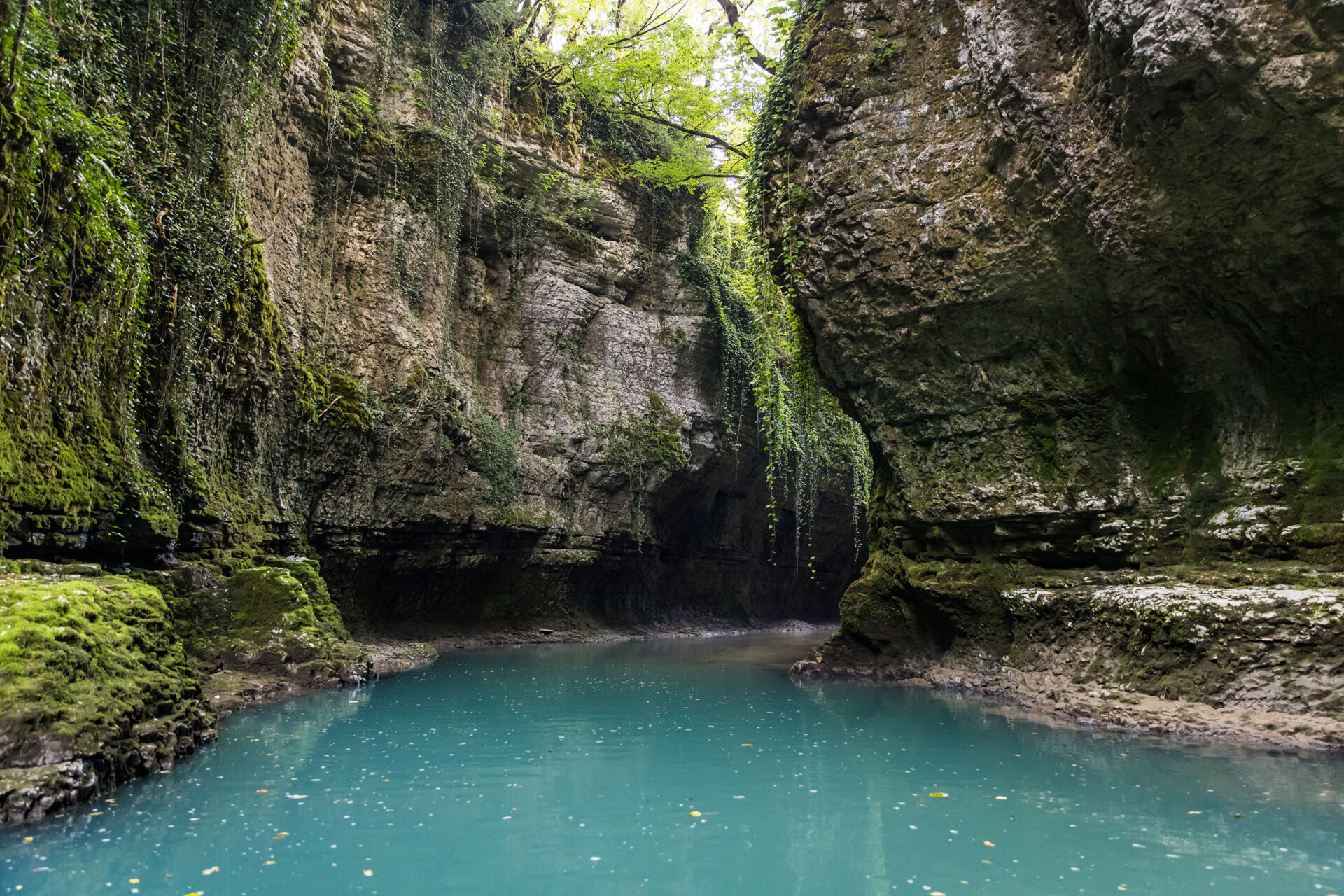 Emerald colored water in the canyon of Martvili, Georgia