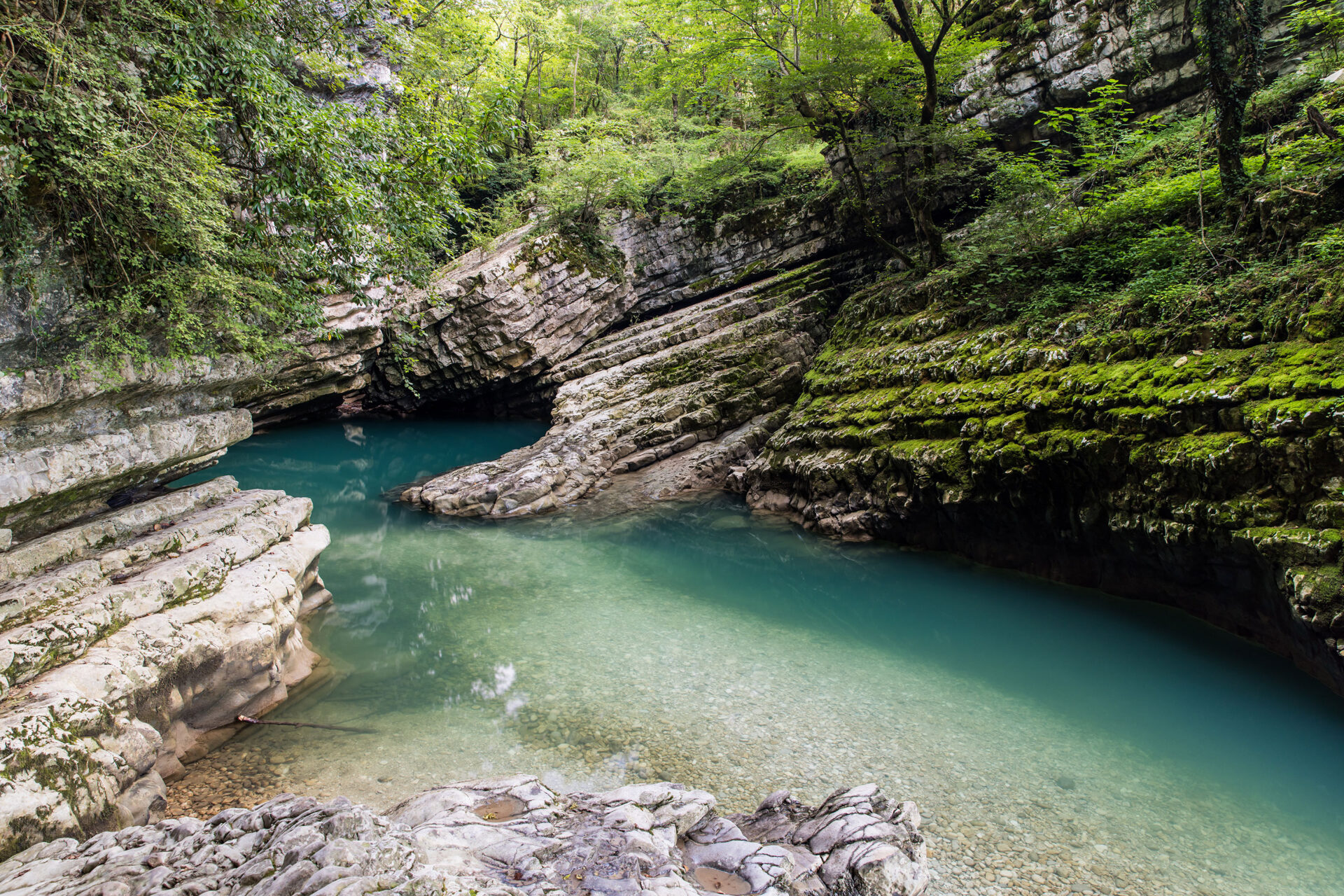A river flowing through the canyon near Martvili, Georgia