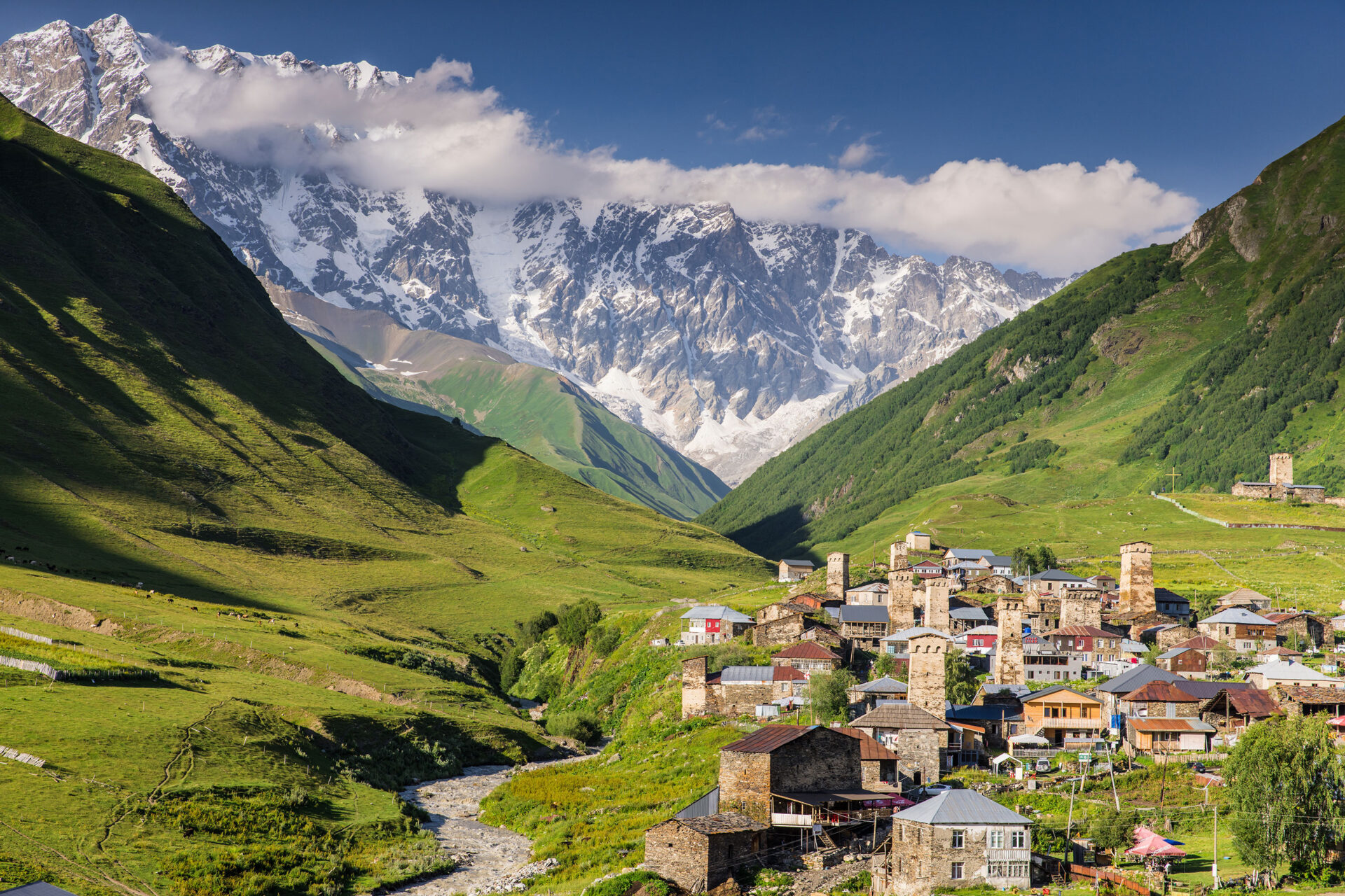 View over Usghuli with Mount Shkhara in the back