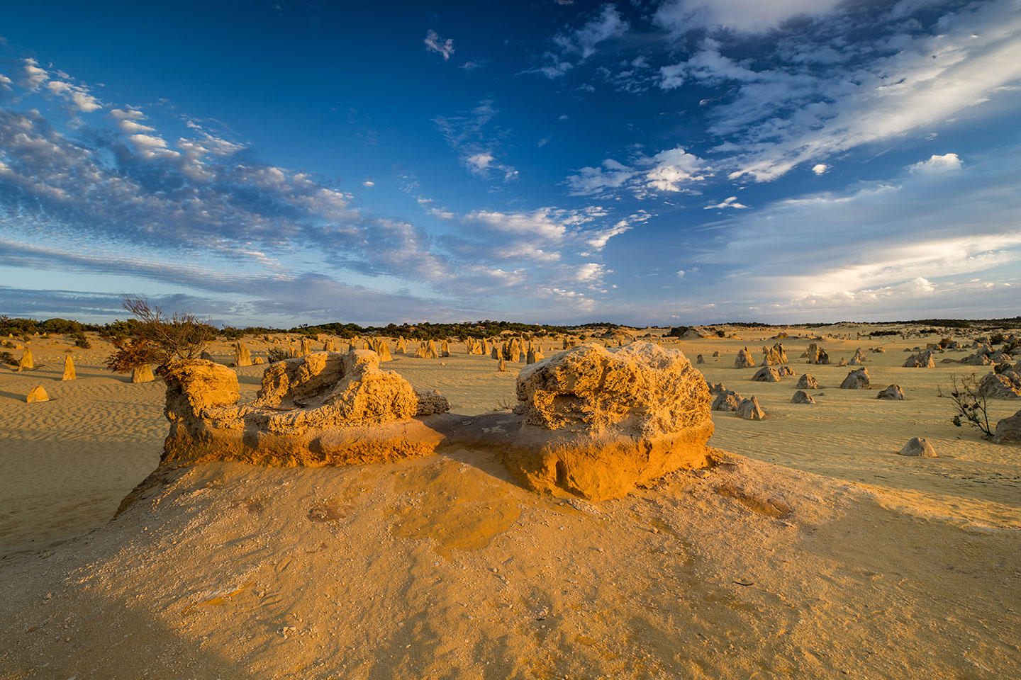 Sunset over the unique rock formations at the Pinnacles Desert in Western Australia