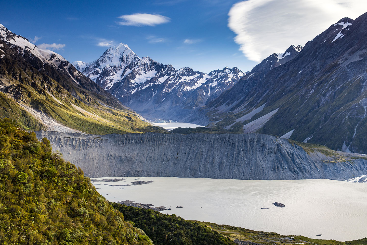Sealy Tarns Mount cook and Mueller Lake as seen from the hike to Sealy Tarns